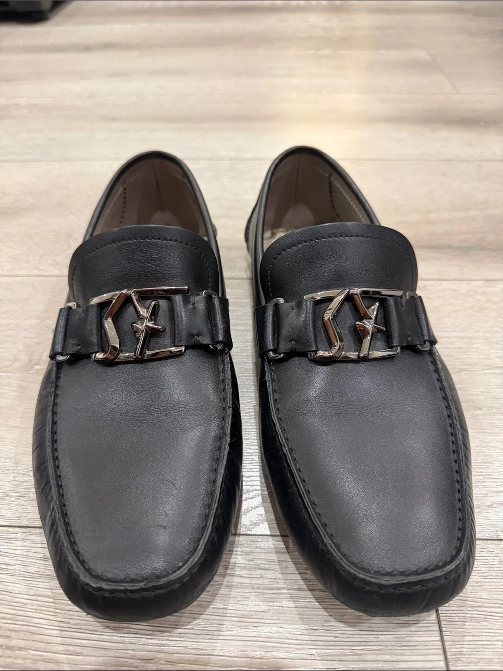 Salvatore Ferragamo Black Leather Loafers with Silver Gancini Accent